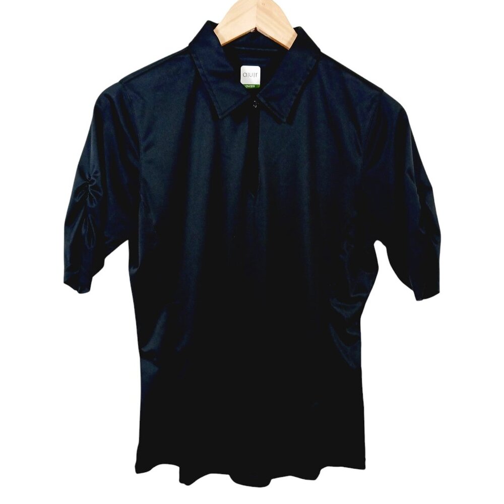 a u r Golf, Golf Shirt, Med., Black, Collar, Ruched Short Sleeves, Keyhole Front